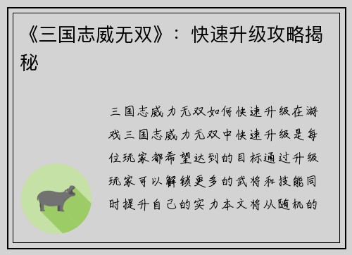 《三国志威无双》：快速升级攻略揭秘